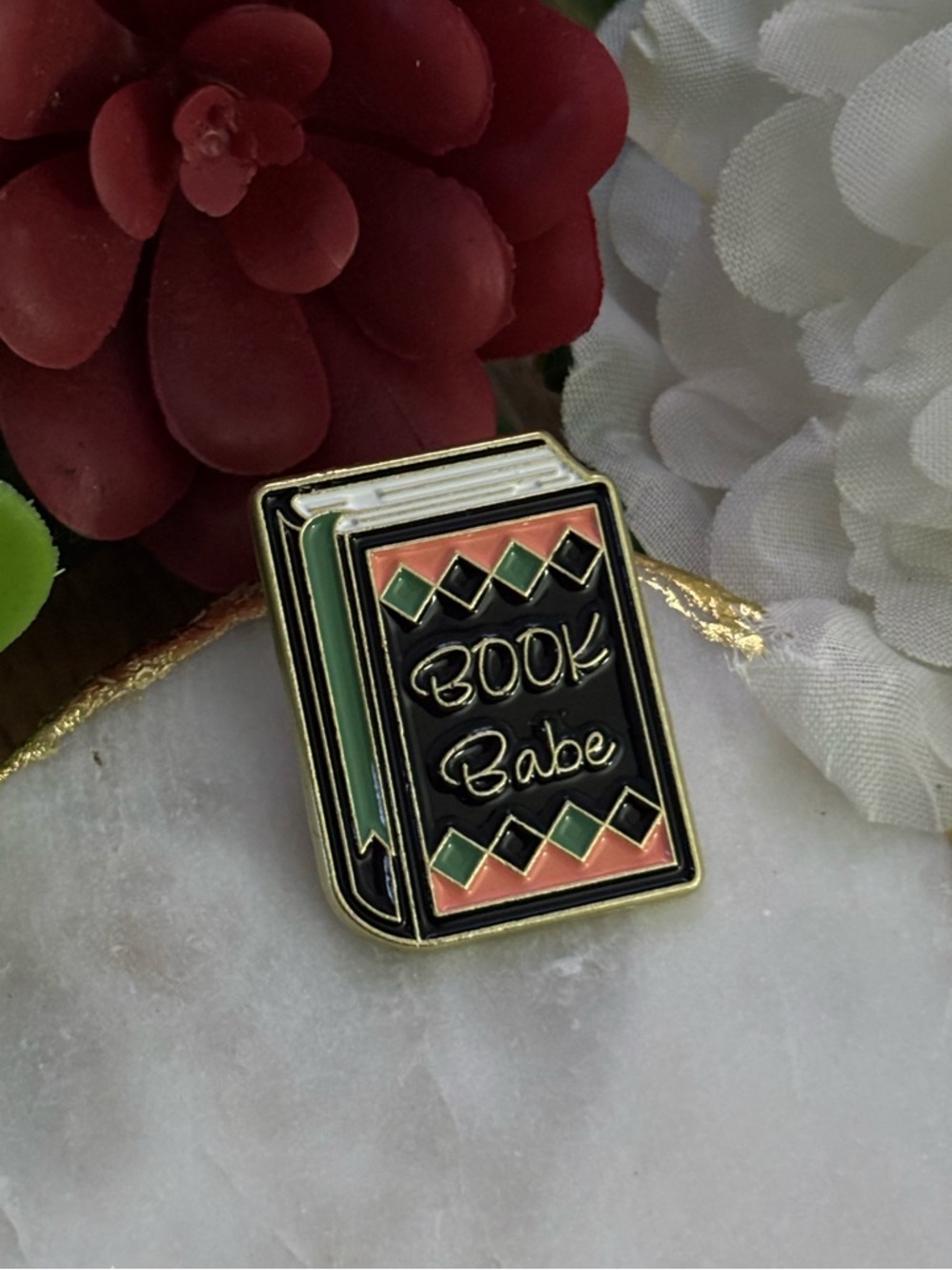 Book Babe Enamel Pin - Black, Coral & Green